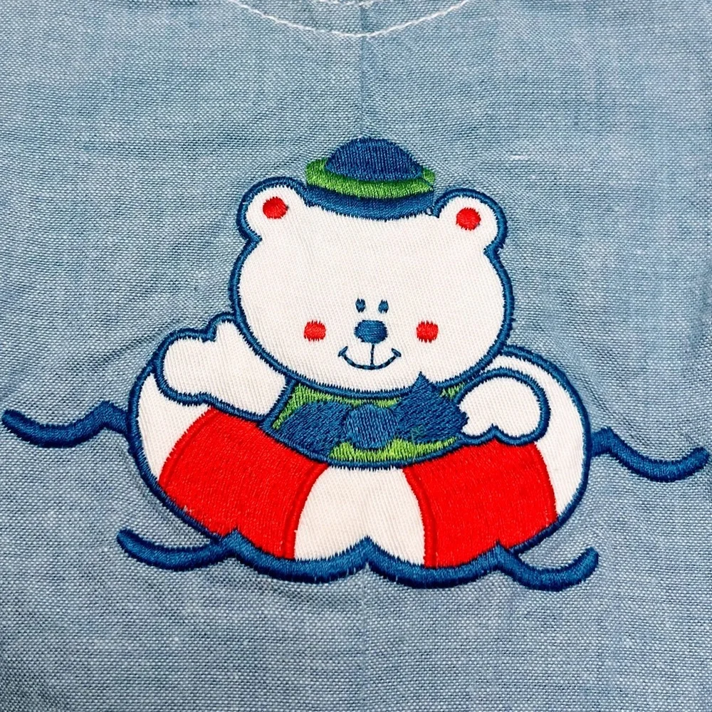 Vintage Shortalls‎ Bear Raft Swimming Embroidered Romper Outfit Size 3-6 months
